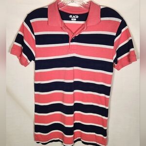 Boys Pink and Blue Striped Polo Shirt- Size L (10-12)